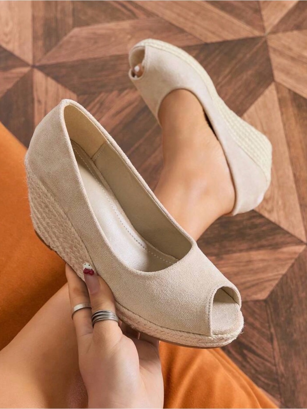 Women’s Beige Peep-Toe Wedge Espadrilles